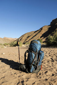 Rear view of man on sand against clear sky