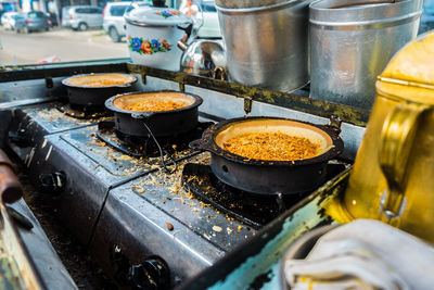 High angle view of food cooking on stove in kitchen