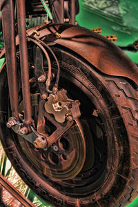 Close-up of old rusty bicycle wheel