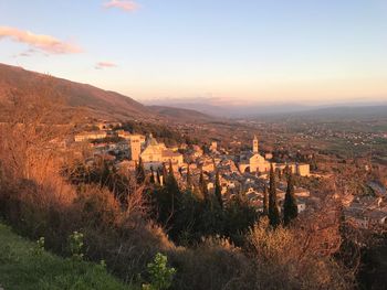 High angle view of townscape against sky at sunset