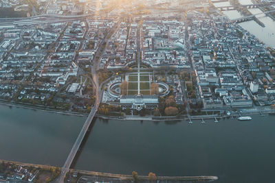 High angle view of river by buildings