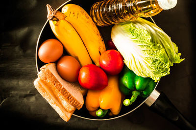 High angle view of fruits and vegetables on table