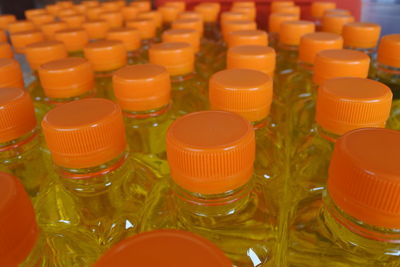 High angle view of bottles on table