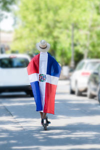 Rear view of man with umbrella walking on road
