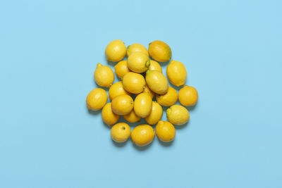 High angle view of tomatoes against blue background