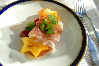 High angle view of food in plate on table