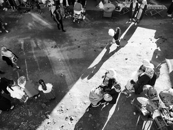 High angle view of people on street