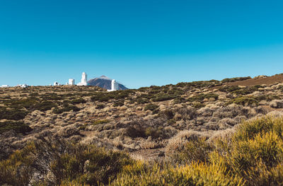 Scenic view of landscape against clear blue sky