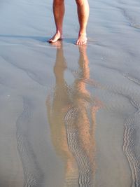 Low section of man standing on wet beach