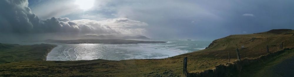 Panoramic view of sea and mountains against sky