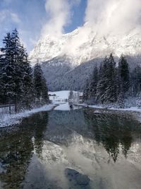 Scenic view of snowcapped mountains and lake against sky