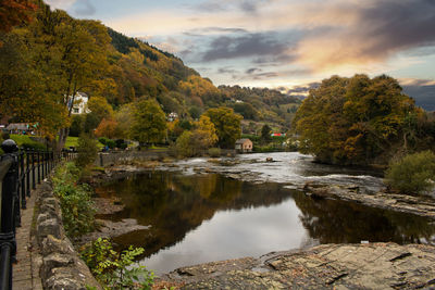 River amidst trees against sky during autumn