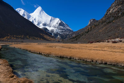 Scenic view of snowcapped mountains against sky during winter