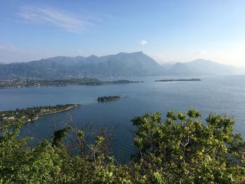 Scenic view of lake by mountains against sky