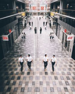 High angle view of people in city