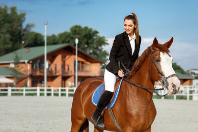 Close-up of horse standing against sky