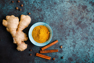 High angle view of turmeric on table