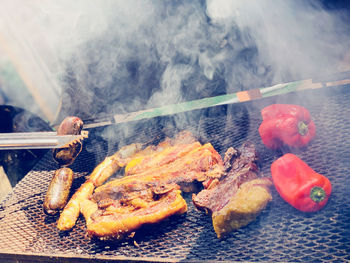 Close-up of meat on barbecue grill