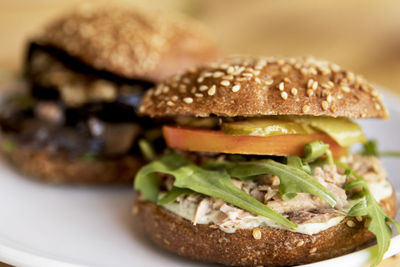 Close-up of burger in plate