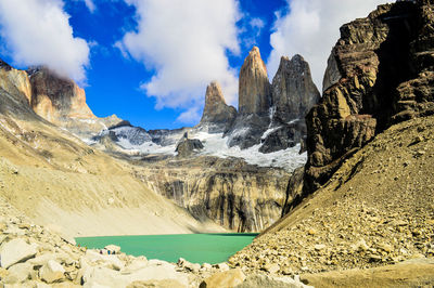 Panoramic view of lake and mountains against sky