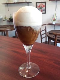 Close-up of beer in glass on table