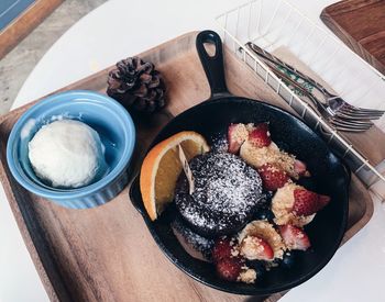 High angle view of breakfast served on table