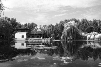 Scenic view of lake by trees against sky