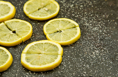 High angle view of lemon slices on table