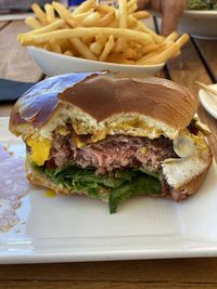 Close-up of food served on table