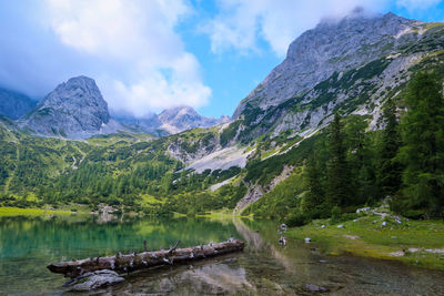 Scenic view of lake by mountains against sky