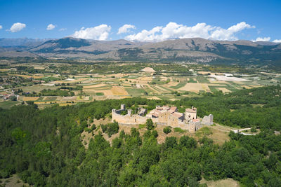 Extended panoramic aerial view of the medieval castle camponeschi abruzzo