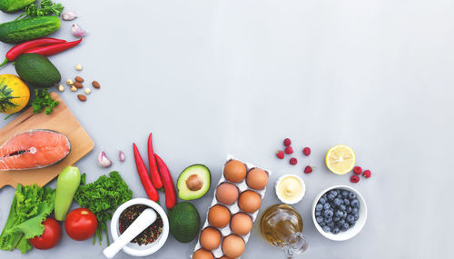 High angle view of fruits and vegetables on table