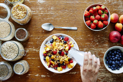 High angle view of breakfast on table