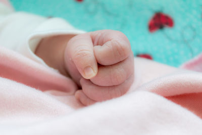 Close-up of newborn baby girl hand