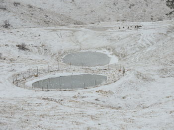 High angle view of snow covered land