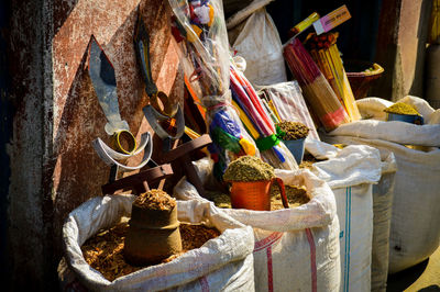 Sacks of herbs and aromatics sold on the side of the road in kathmandu city