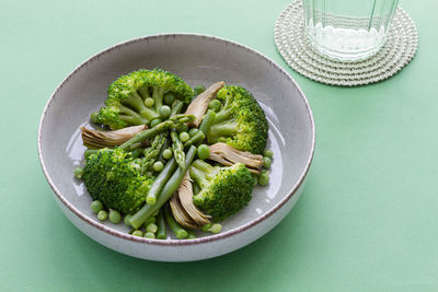 High angle view of salad in bowl on table