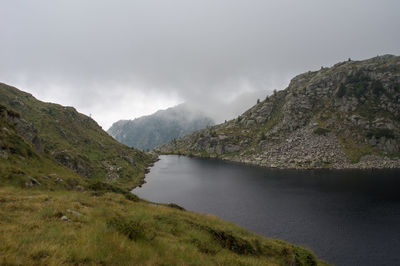 Scenic view of lake against cloudy sky