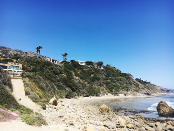 Scenic view of beach against clear blue sky