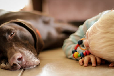 Close-up of boy sleeping with dog on floor