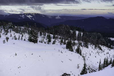 Scenic view of snowcapped mountains against sky