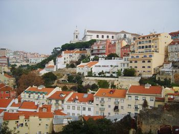 Buildings in city against clear sky