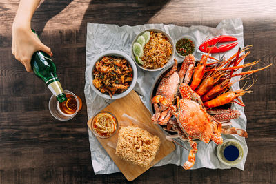 High angle view of meal served on table