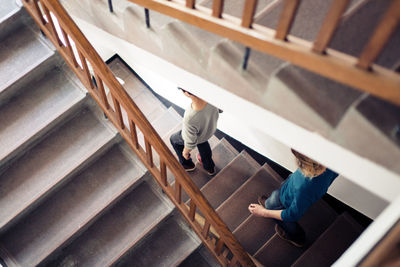 High angle view of people on staircase