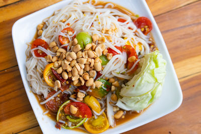 High angle view of food in plate on table