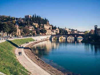 Bridge over river in city against clear blue sky