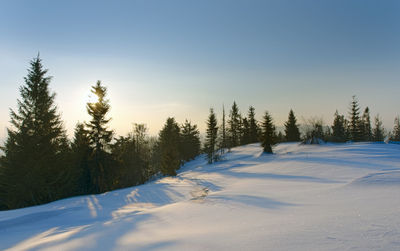 Snow covered landscape against sky