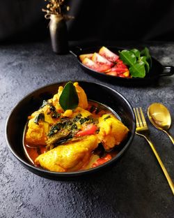 High angle view of food served on table