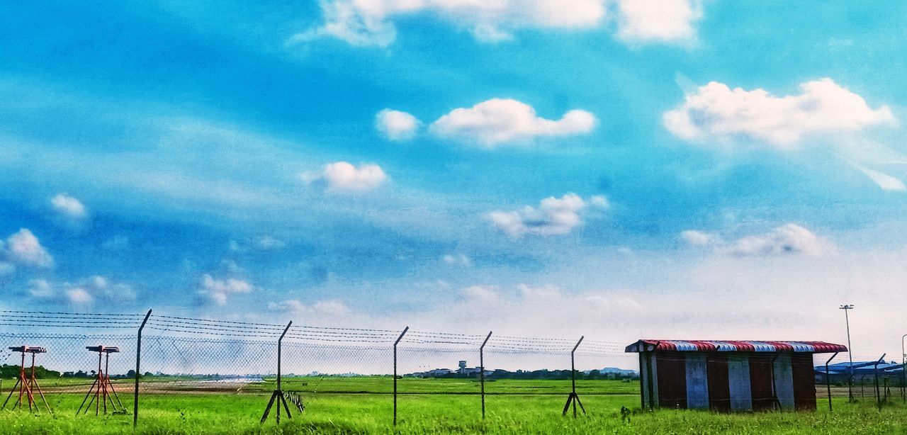 sky, cloud - sky, grass, nature, plant, field, soccer, land, day, sport, soccer field, team sport, no people, playing field, landscape, net - sports equipment, environment, outdoors, football, goal post