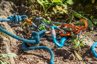 High angle view of ropes on rock